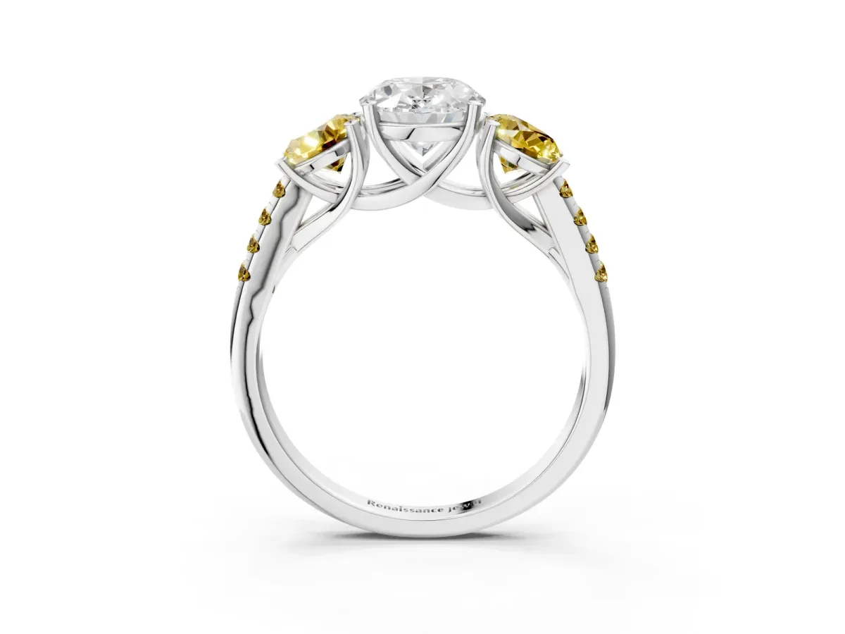 Three-Stone Oval Cut Diamond Ring with Round Yellow Sapphire Pavé Band and Prong Setting Silver