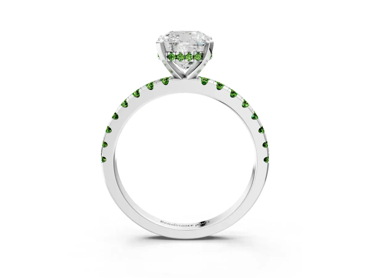 Cushion Cut Diamond Solitaire Ring with Round Peridot Pavé Band and Four-Prong Setting Silver