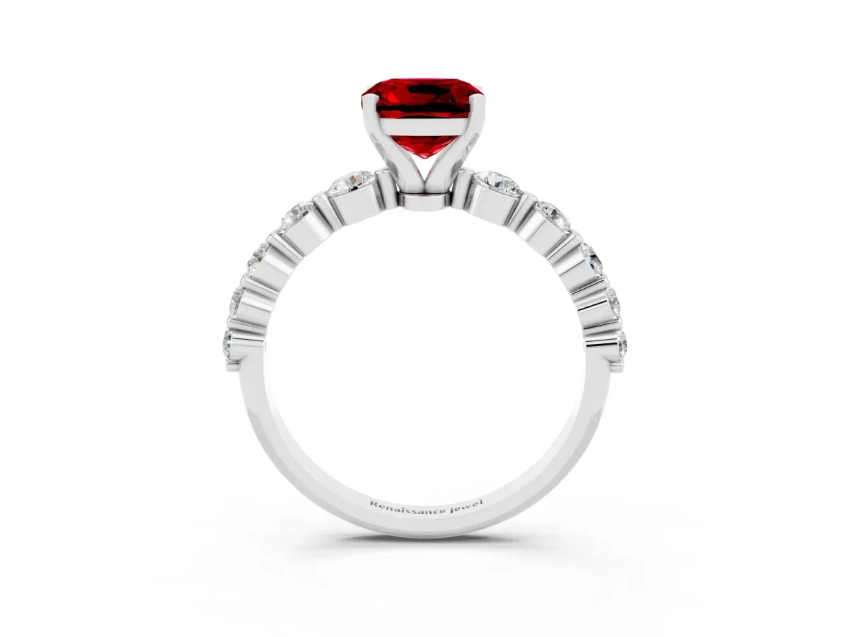 Cushion Cut Solitaire Ruby Ring with Pave Band and Four-Prong Setting White gold