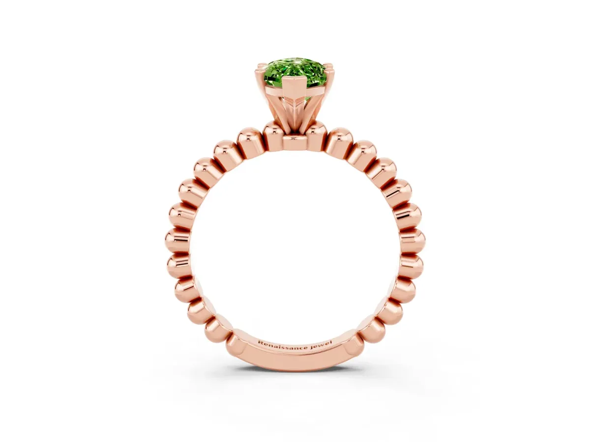 Marquise Cut Peridot Solitaire Ring with Beaded Band and Prong Setting Rose gold