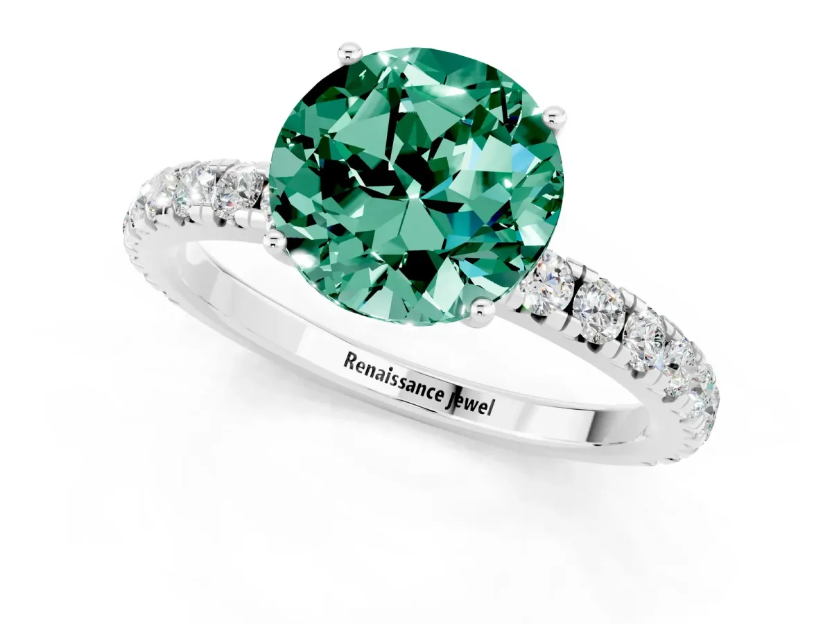 Round Cut Green Sapphire Pavé Solitaire Engagement Ring with Four-Prong Setting Silver