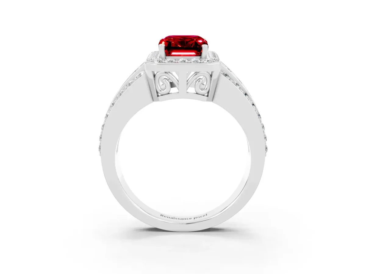 Emerald Cut Halo Ruby Ring with Round Split Shank and Prong Setting White gold