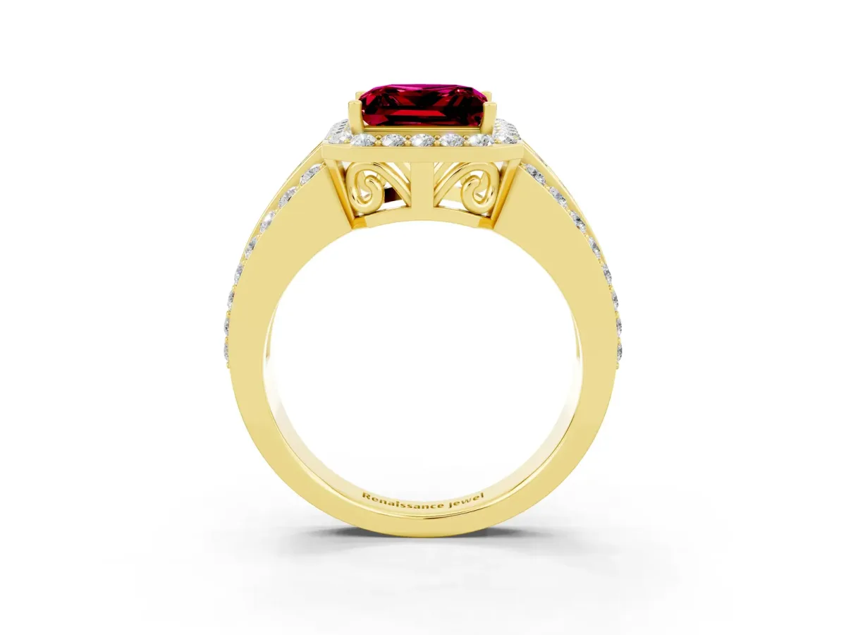 Princess Cut Halo Garnet Ring with Round Split Shank and Prong Setting Yellow gold
