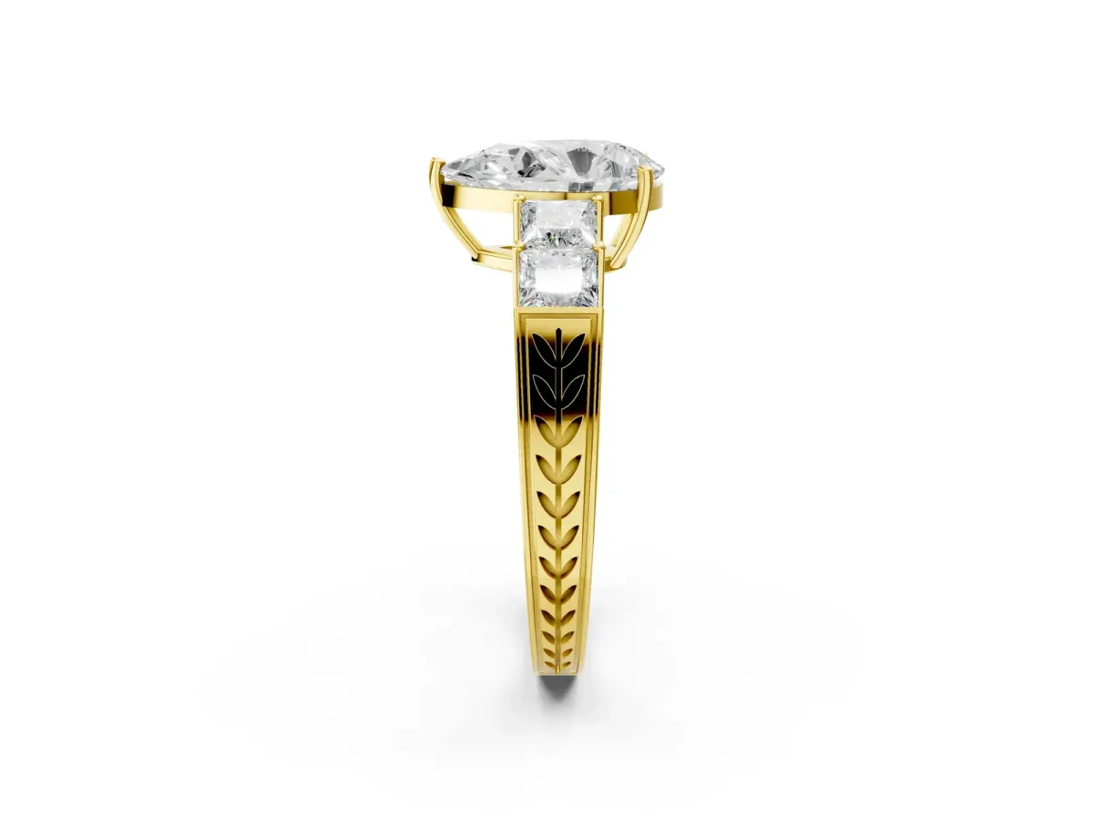 Pear Cut Solitaire Princess Side Stone Engraved Band Prong Setting Ring Yellow gold