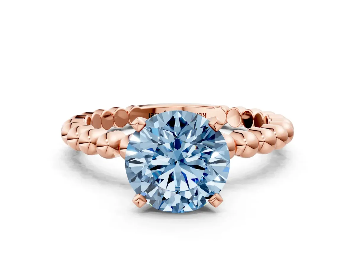 Fancy Blue Round Cut Diamond Solitaire Ring with Beaded Band and Prong Setting Rose gold