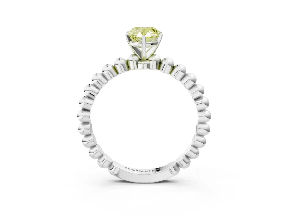 Fancy Yellow Pear Cut Diamond Solitaire Ring with Beaded Band and Prong Setting Platinum