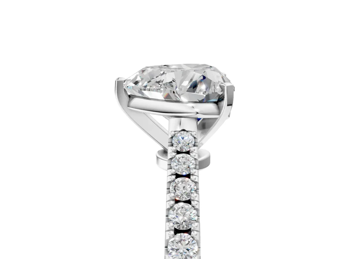 Heart Cut Cut Solitaire Diamond Engagement Ring with Pave Band and Four-Prong Setting Silver