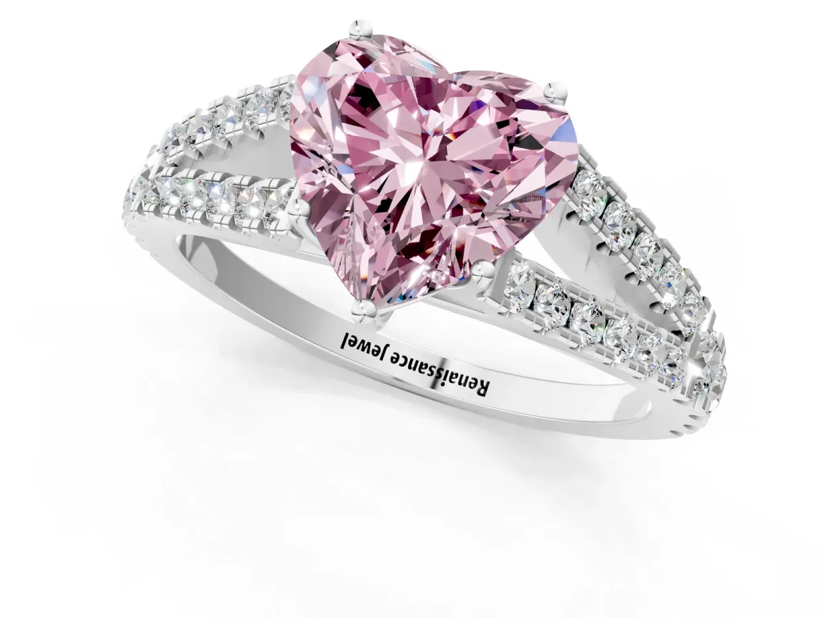 Fancy Pink Heart Cut Diamond Split Shank Pavé Engagement Ring with Four-Prong Setting White gold