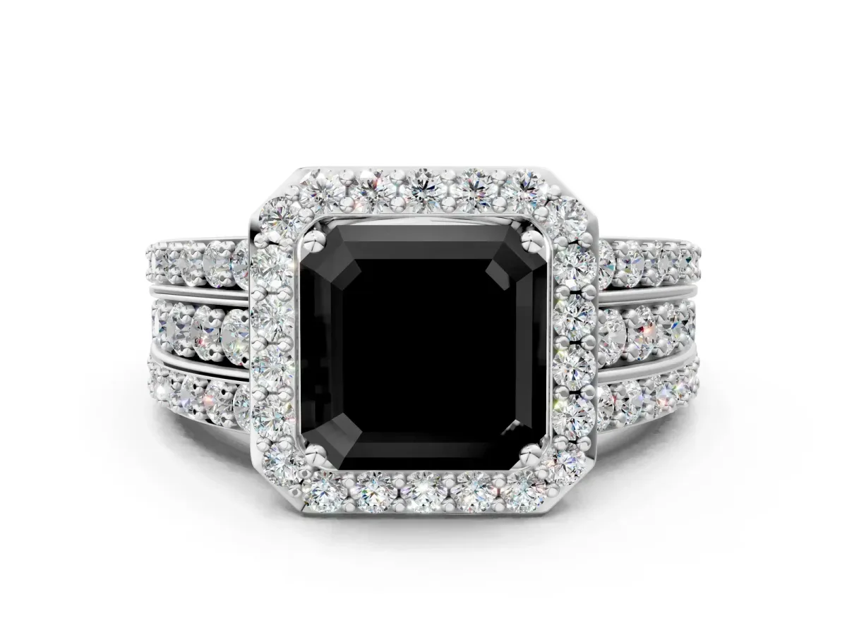 Fancy Black Asscher Cut Halo Diamond Ring with Round Split Shank and Prong Setting Platinum