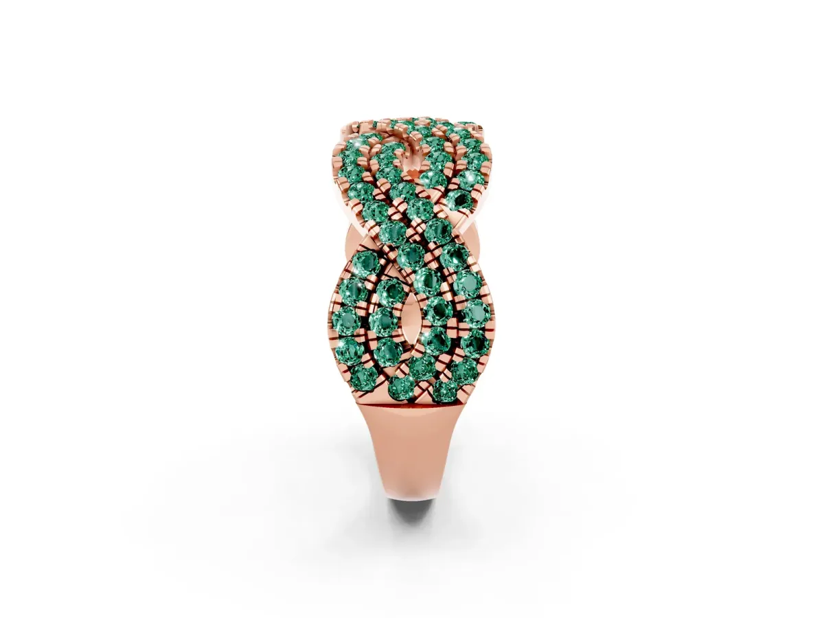 Pavé Round Green Sapphire Infinity Twist Band with Shared Prong Setting Rose gold