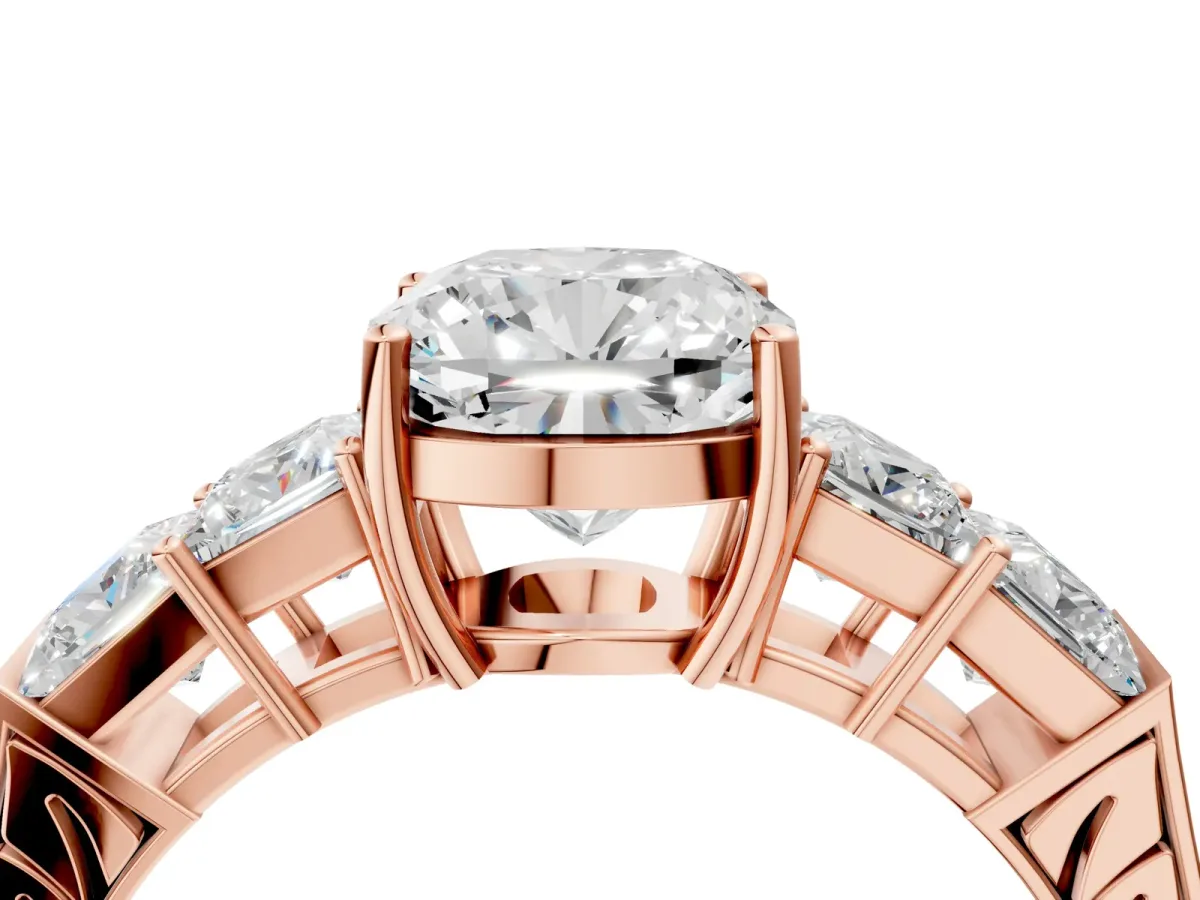 Cushion Cut Solitaire Princess Side Stone Engraved Band Prong Setting Ring Rose gold