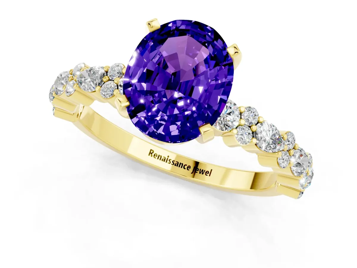 Oval Cut Tanzanite Side Stone Solitaire Ring with Round and Four-Prong Setting Yellow gold