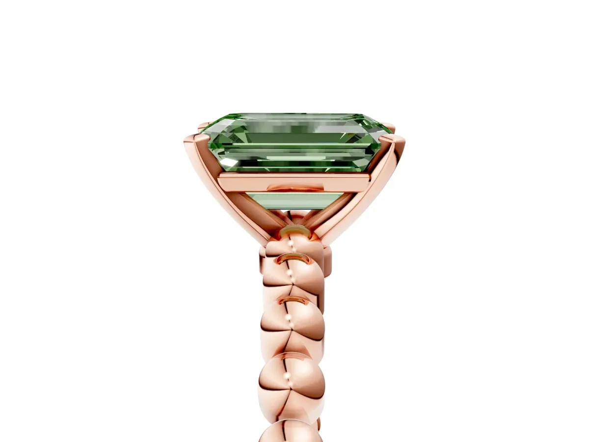Fancy Green Emerald Cut Diamond Solitaire Ring with Beaded Band and Prong Setting Rose gold