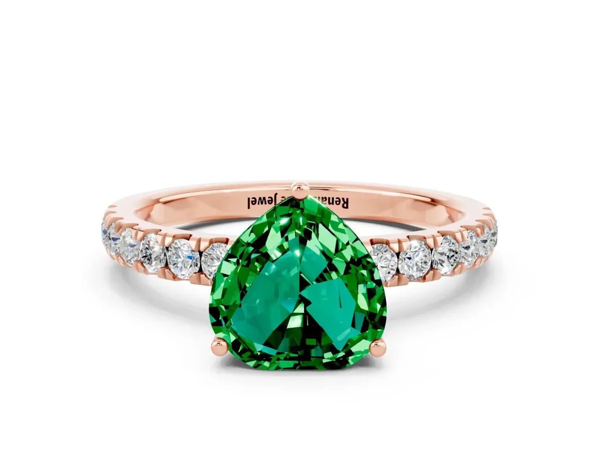 Heart Cut Emerald Pave Band Solitaire Ring with Round and Prong Setting Rose gold