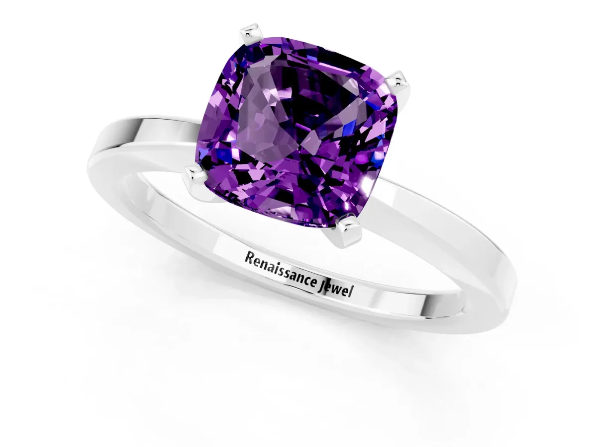 Cushion Cut Amethyst Solitaire Engagement Ring with Classic Band and Four-Prong Setting Silver