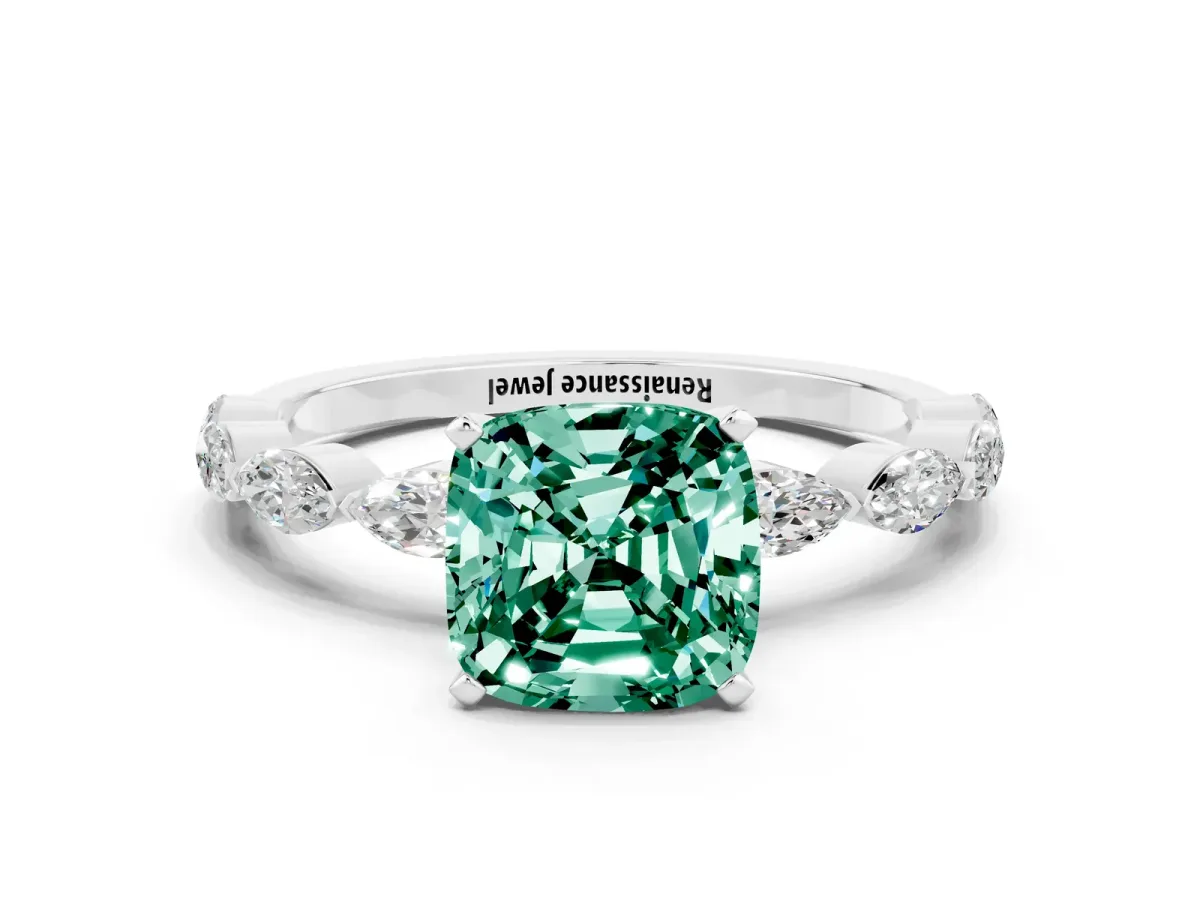 Cushion Cut Green Sapphire Ring with Marquise Side Stones and Prong Setting Platinum