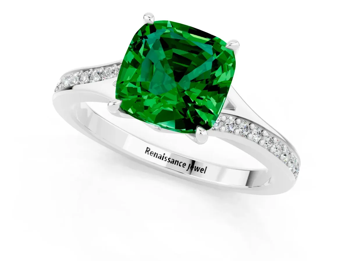 Cushion Cut Emerald Solitaire Ring with Pavé Band and Prong Setting Silver