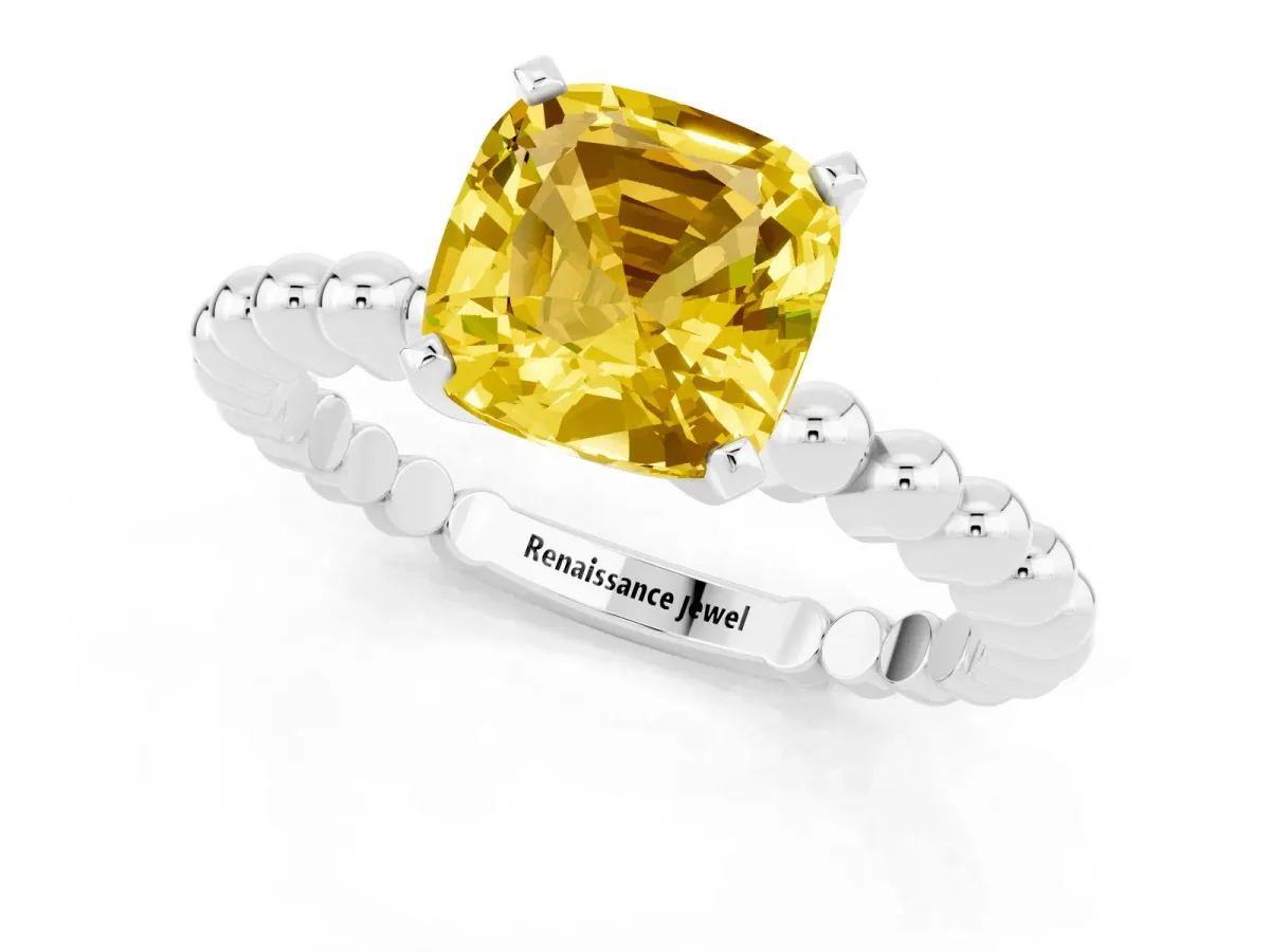 Cushion Cut Yellow Sapphire Solitaire Ring with Beaded Band and Prong Setting Silver