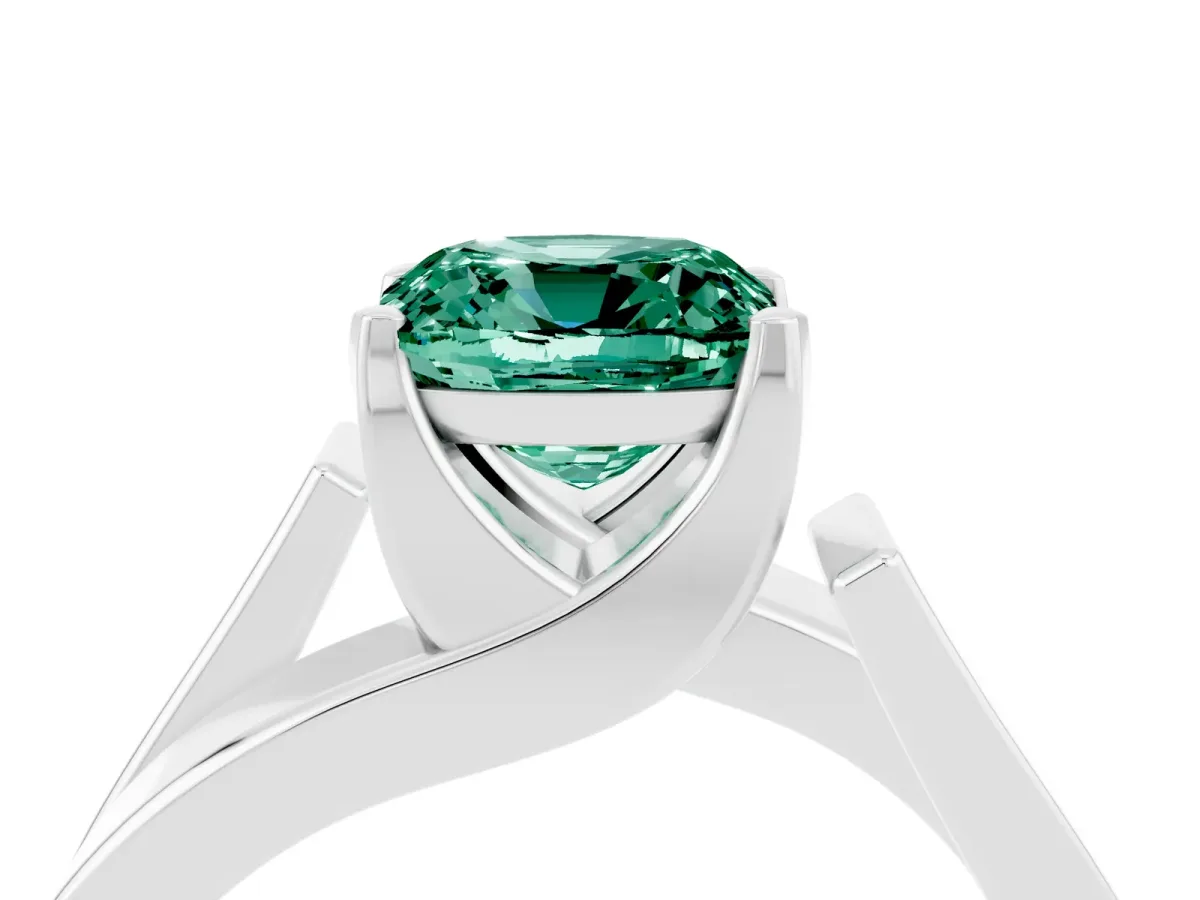 Modern Tension Set Cushion Cut Green Sapphire Solitaire Wide Band Ring Silver