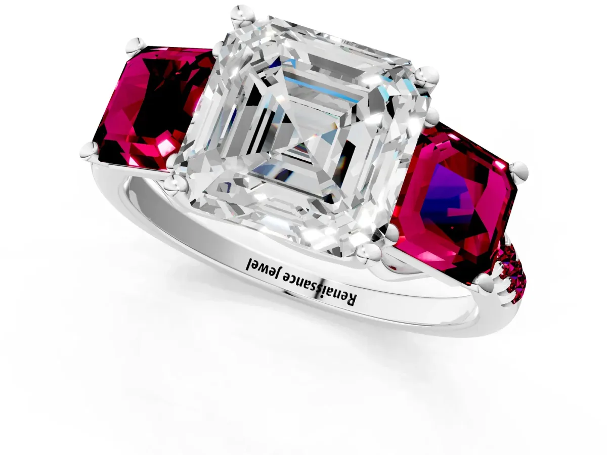 Three-Stone Asscher Cut Diamond Ring with Round Garnet Pavé Band and Prong Setting Silver