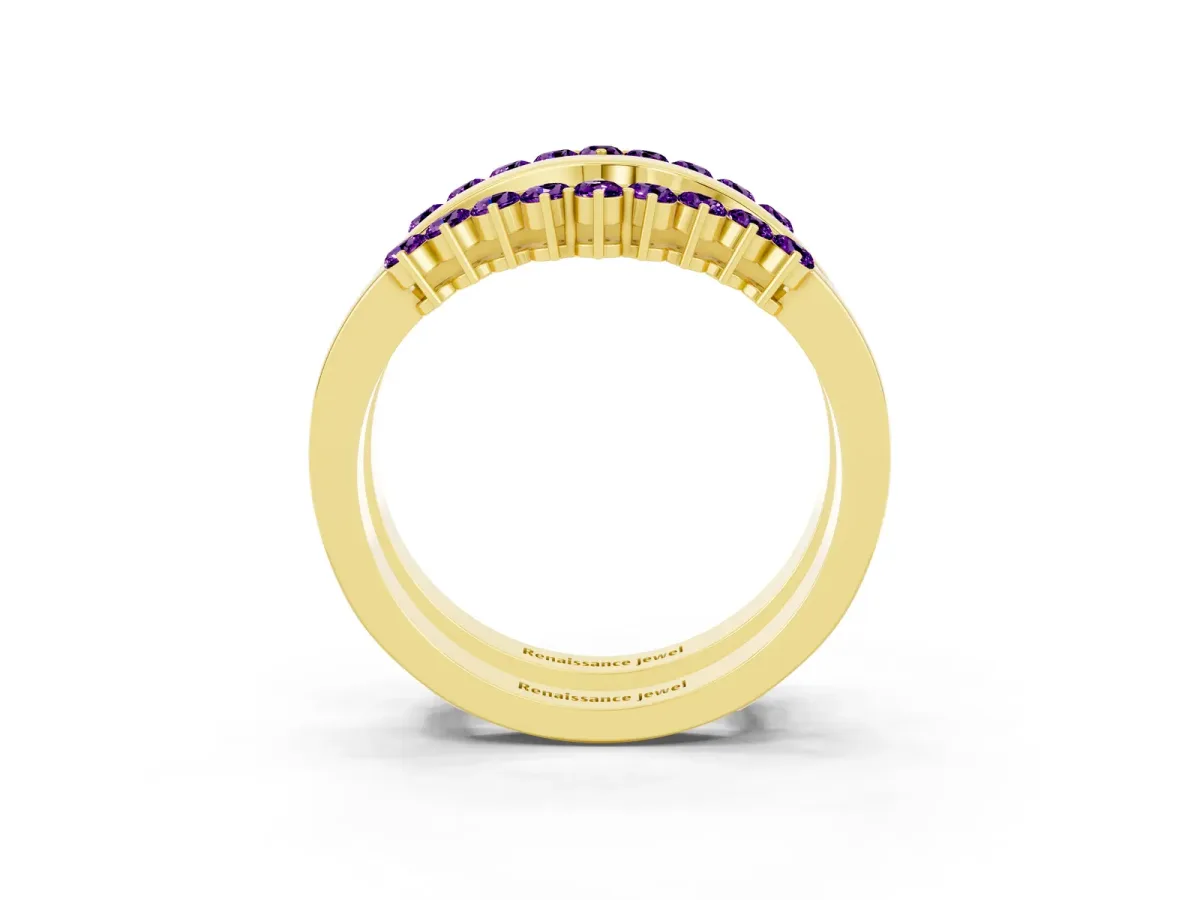 Round Amethyst Chevron Contour Band with Prong Setting Yellow gold
