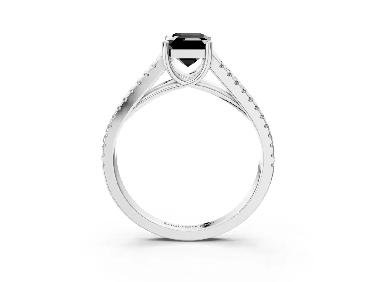 Fancy Black Emerald Cut Diamond Solitaire Engagement Ring with Split Shank Pavé Band Silver