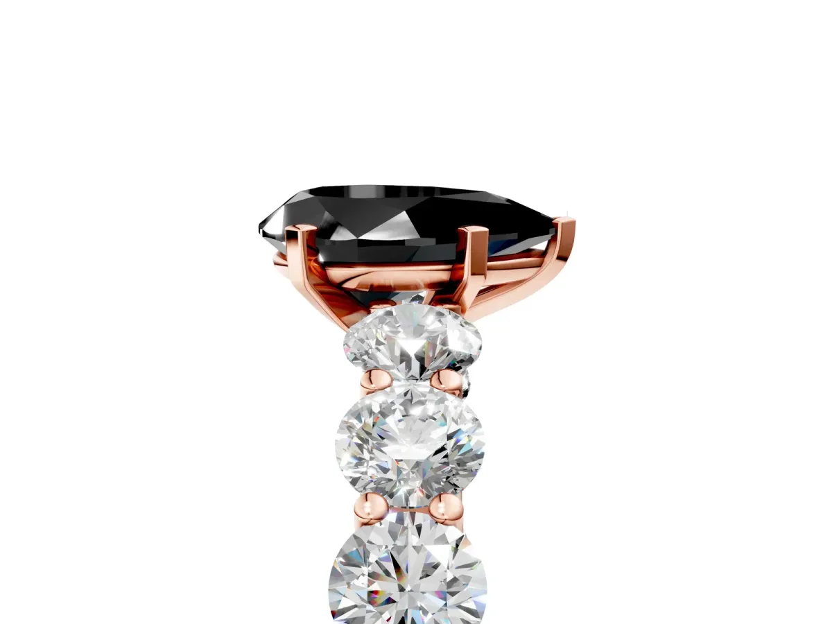Fancy Black Pear Cut Diamond Prong Setting with Side Stones on a Pave Band Rose gold