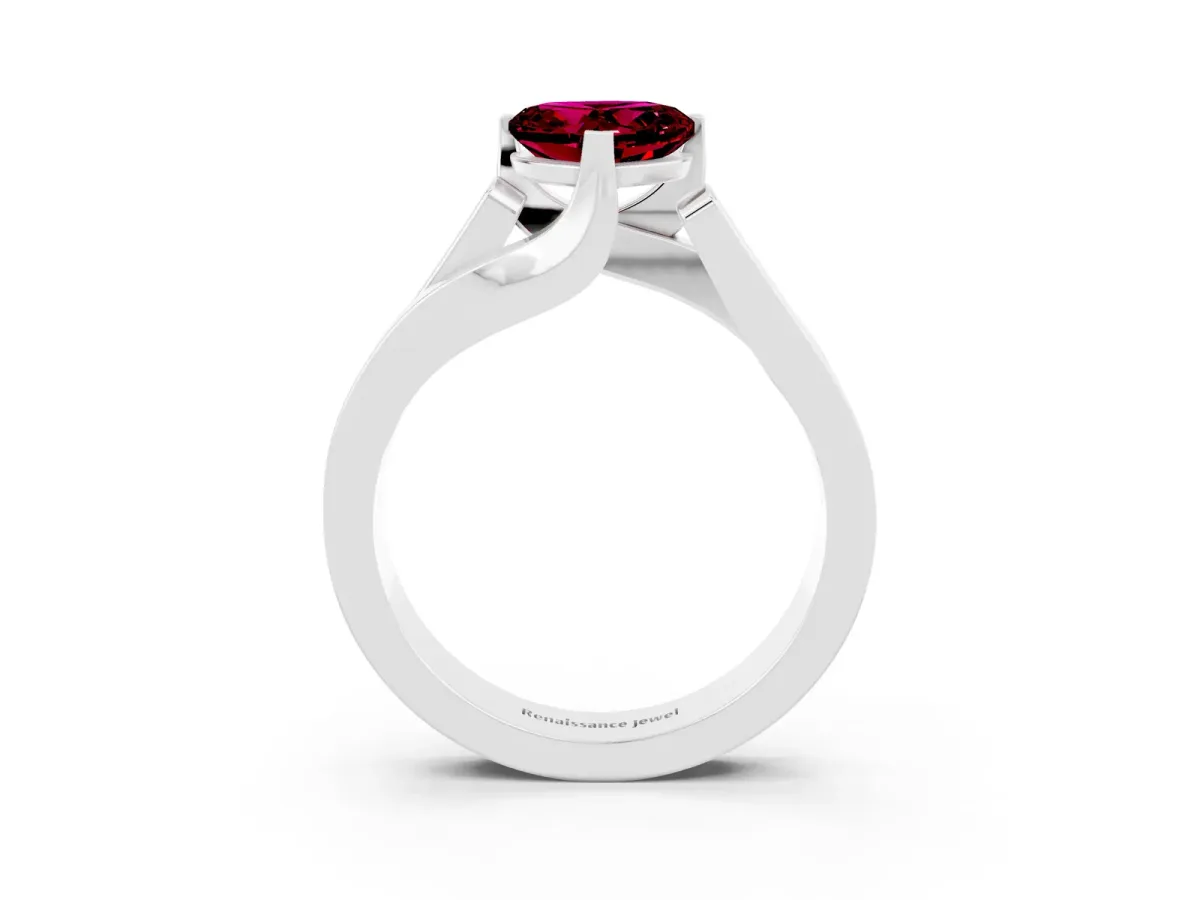 Modern Tension Set Heart Cut Garnet Solitaire Wide Band Ring Silver