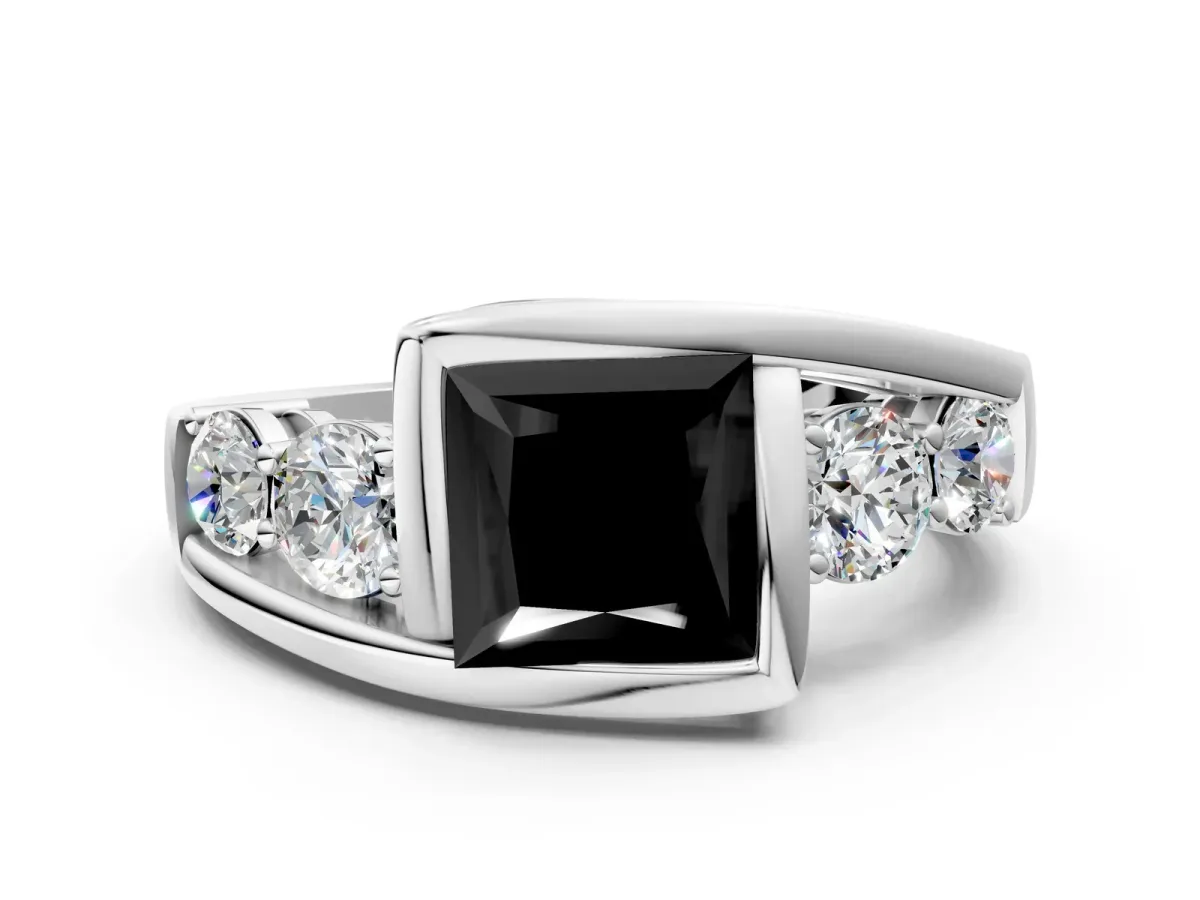 Fancy Black Bezel Set Princess Cut Diamond Bypass Ring with Round Accents Platinum