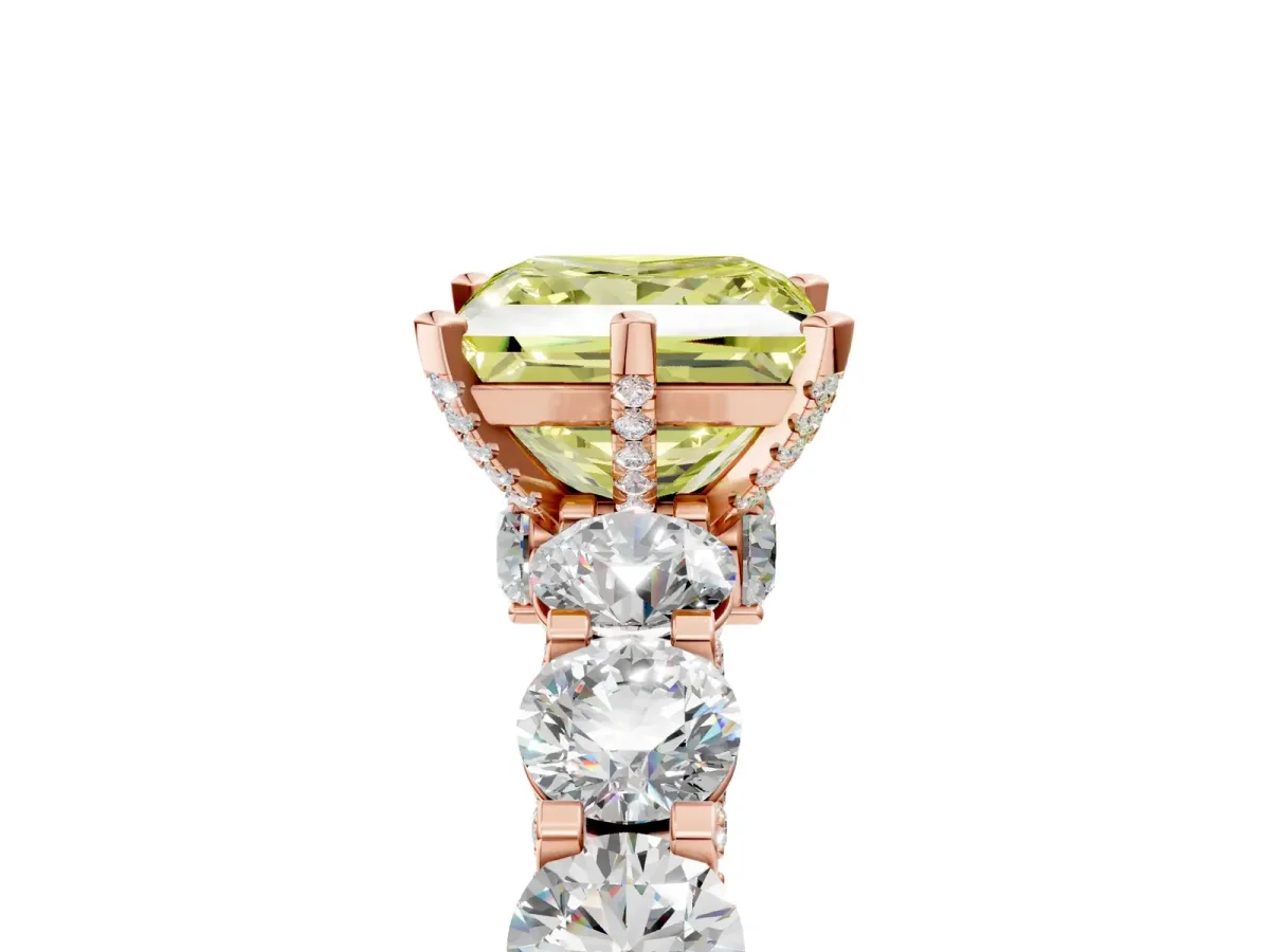 Fancy Yellow Princess Cut Diamond Side Stone Engagement Ring with Four-Prong Setting Rose gold