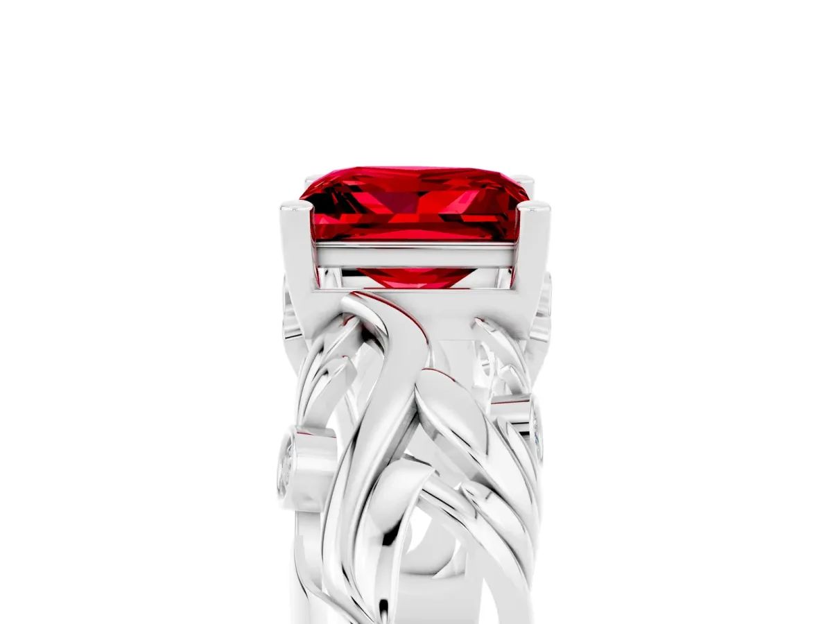 Princess Cut Solitaire Ruby Leaf-Inspired Vine Band Ring with Prong Setting White gold
