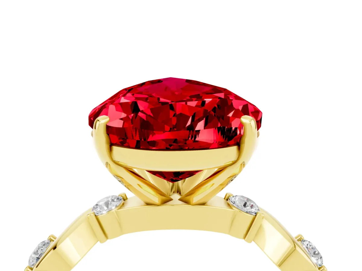 Pear Cut Ruby Solitaire Twisted Band with Round Accents and Prong Setting Yellow gold