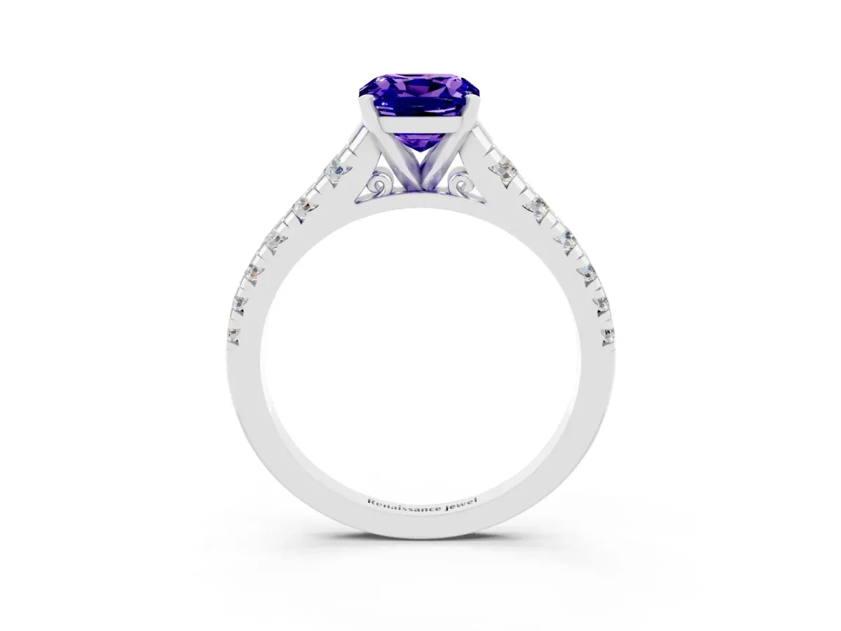 Cushion Cut Tanzanite Cathedral Solitaire Ring with Round Pavé Band Silver