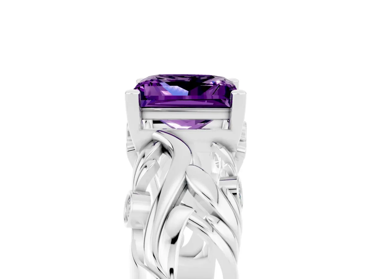 Princess Cut Solitaire Amethyst Leaf-Inspired Vine Band Ring with Prong Setting White gold