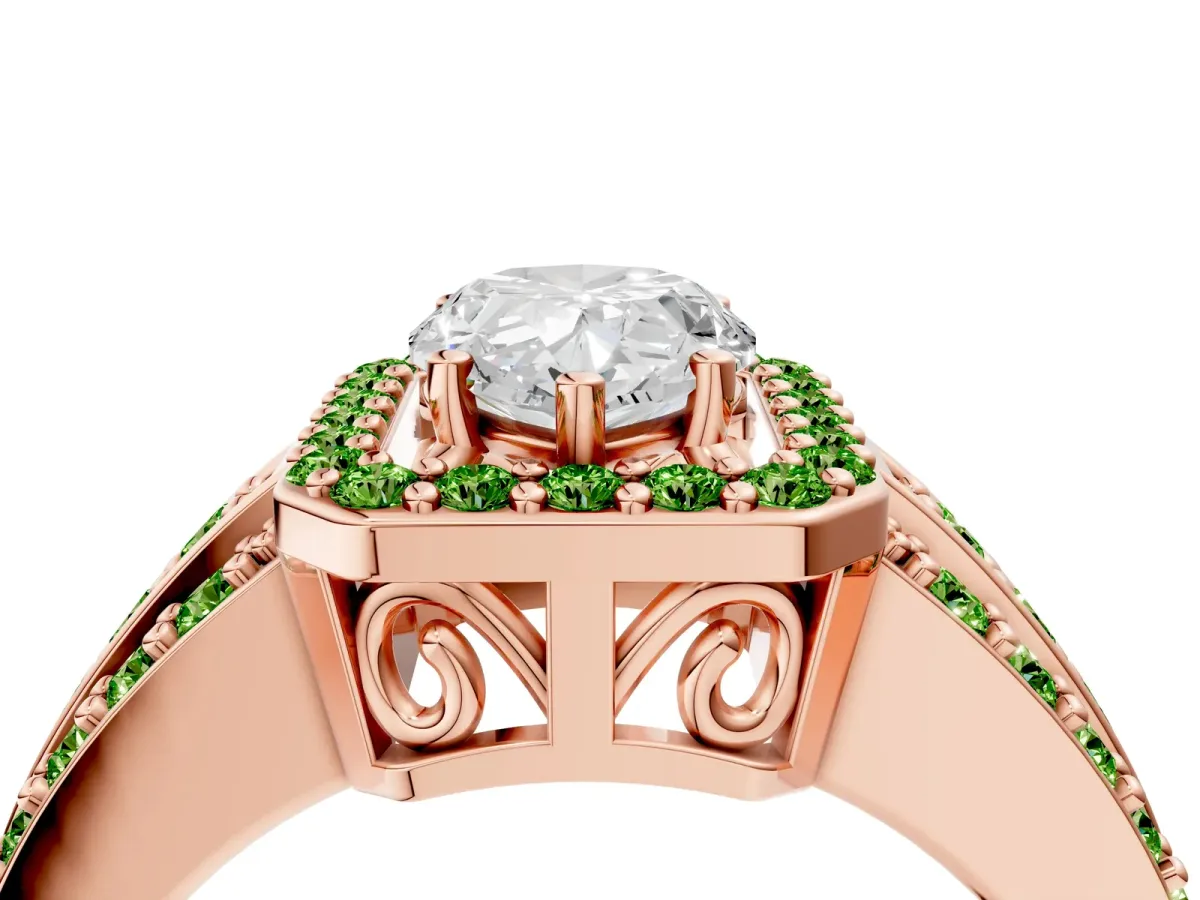 Pear Cut Halo Diamond Ring with Round Peridot Split Shank and Prong Setting Rose gold