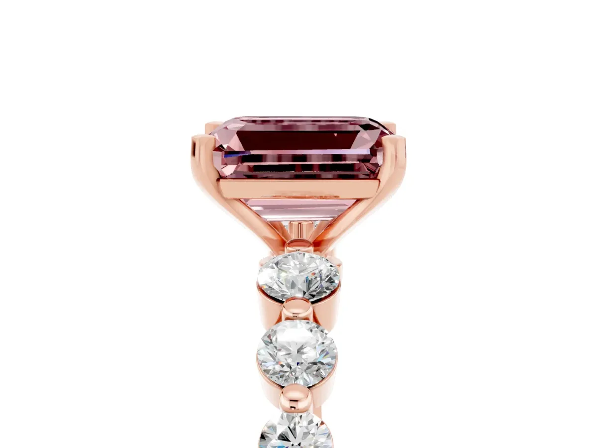 Emerald Cut Solitaire Morganite Ring with Pave Band and Four-Prong Setting Rose gold