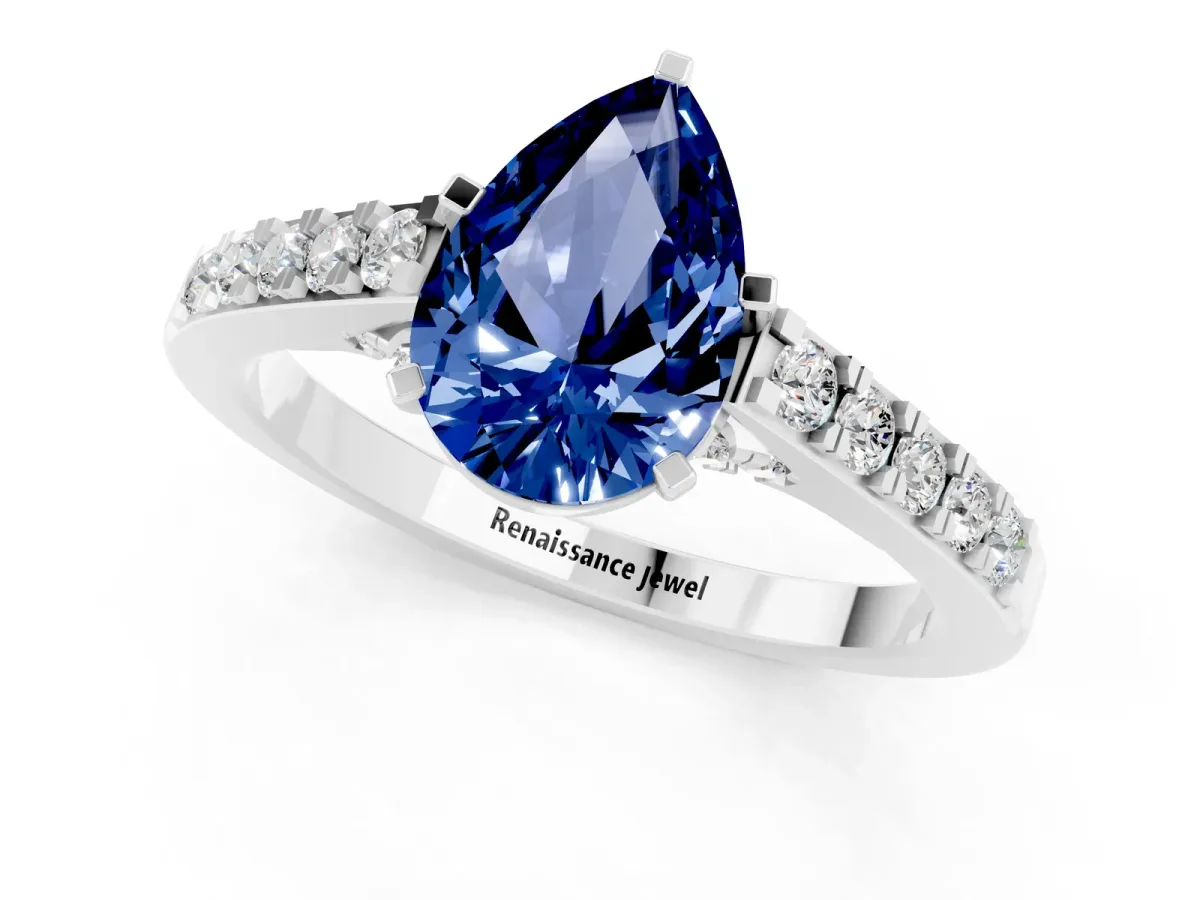 Pear Cut Blue Sapphire Solitaire Ring with Crossover Gallery and Round Pavé Band Silver