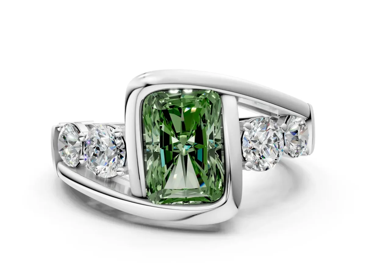 Fancy Green Bezel Set Radiant Cut Diamond Bypass Ring with Round Accents Silver