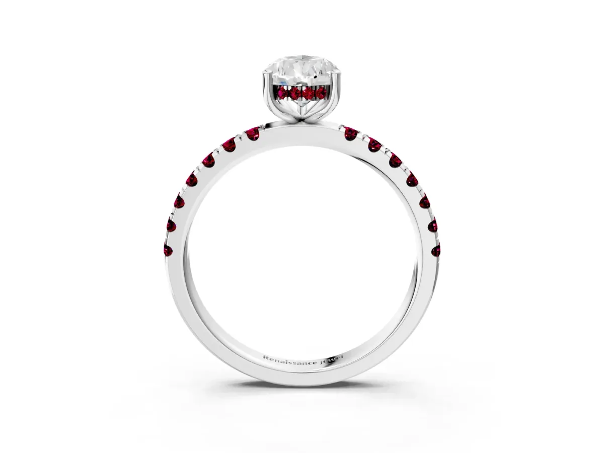 Pear Cut Diamond Pave Band Solitaire Ring with Round Garnet and Prong Setting Silver