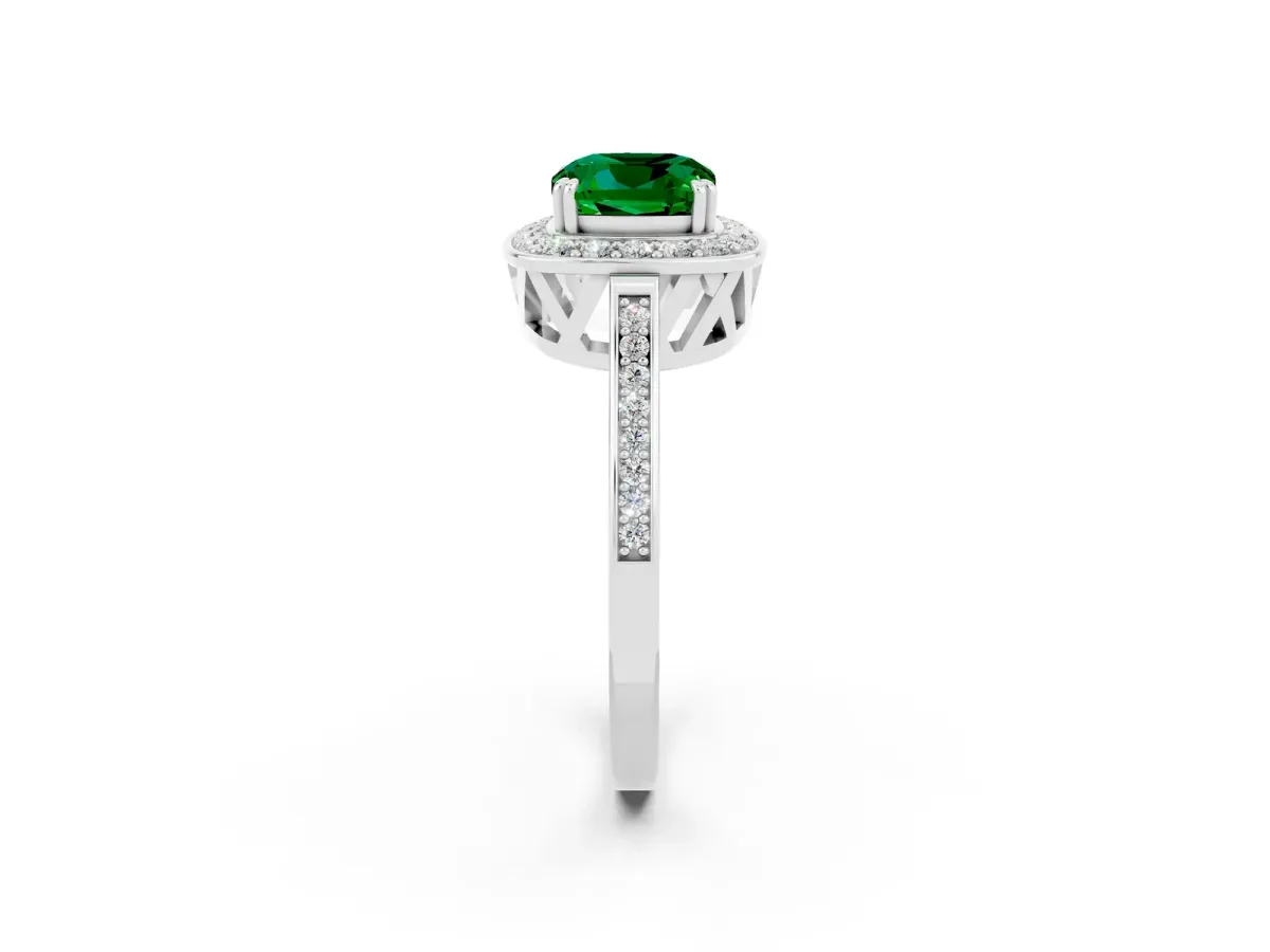 Cushion Cut Emerald Halo Ring with Split Shank and Four-Prong Setting White gold