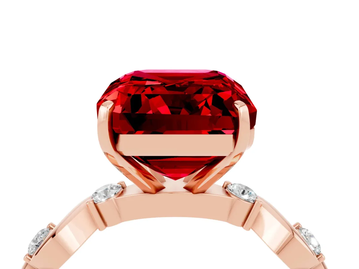 Emerald Cut Ruby Solitaire Twisted Band with Round Accents and Prong Setting Rose gold