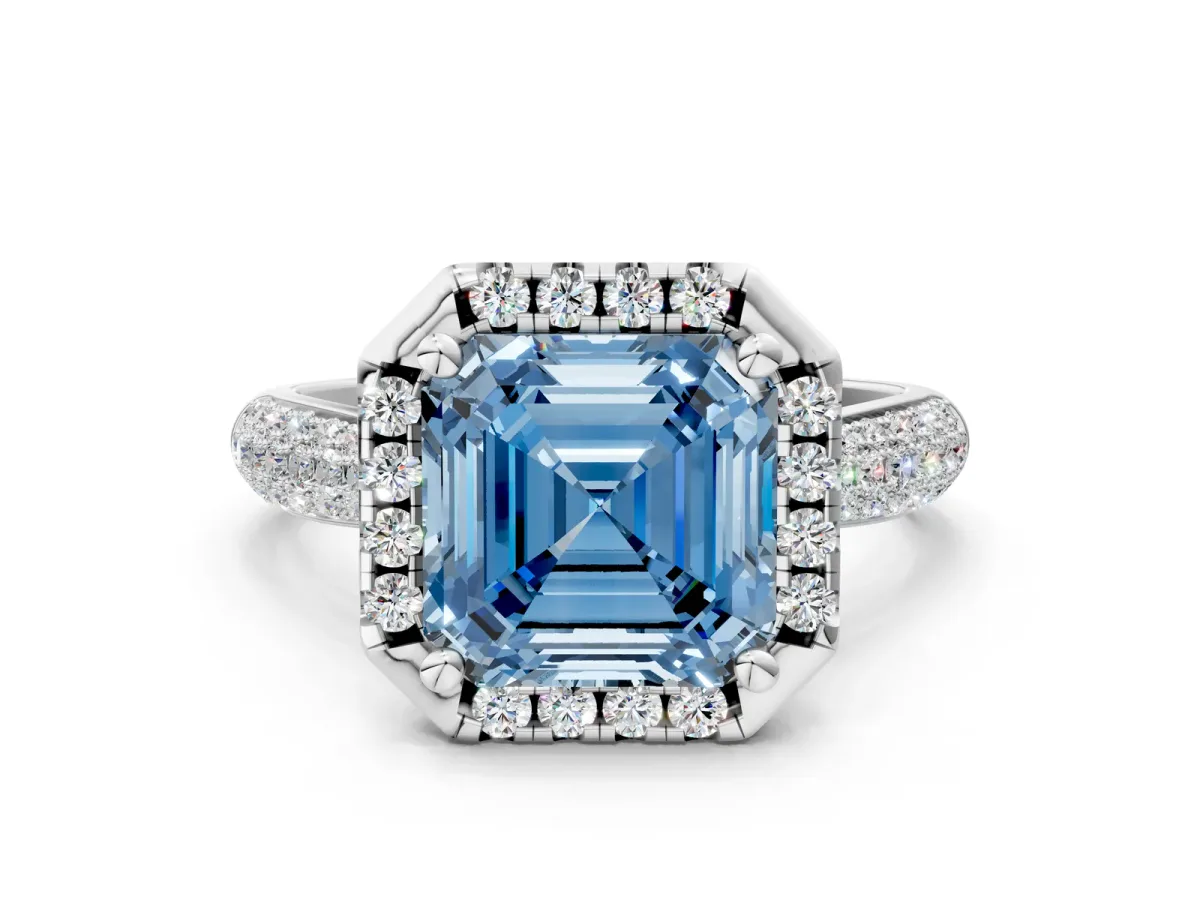 Fancy Blue Asscher Cut Cut Halo Pave Band Four-Prong Setting Ring Platinum