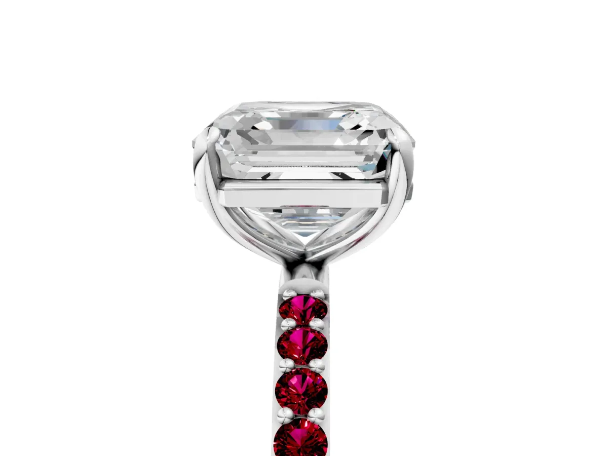 Asscher Cut Diamond Solitaire Ring with Round Garnet Pavé Band and Prong Setting Silver