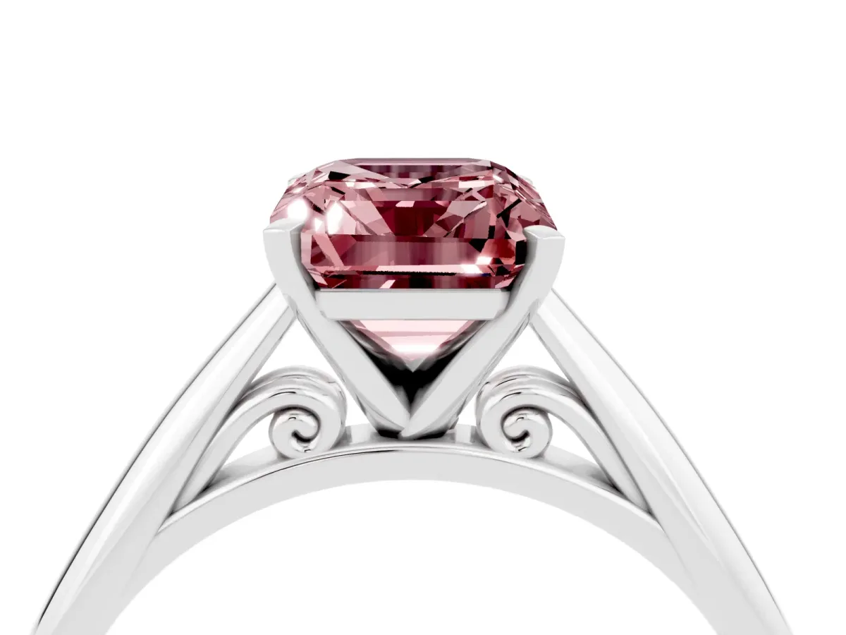 Emerald Cut Morganite Solitaire Engagement Ring with Cathedral Setting and Four-Prong Mount White gold