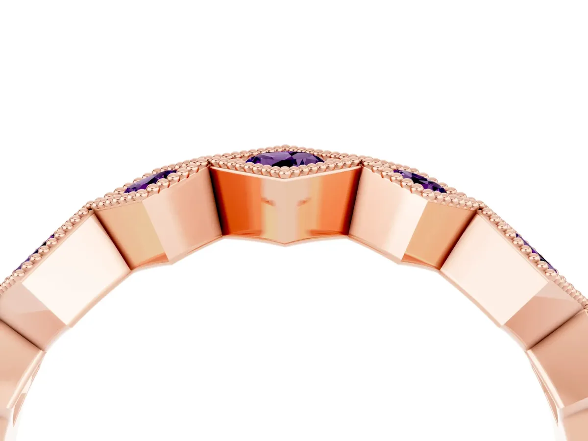 Milgrain Square Bezel Round Amethyst Chevron Band Rose gold