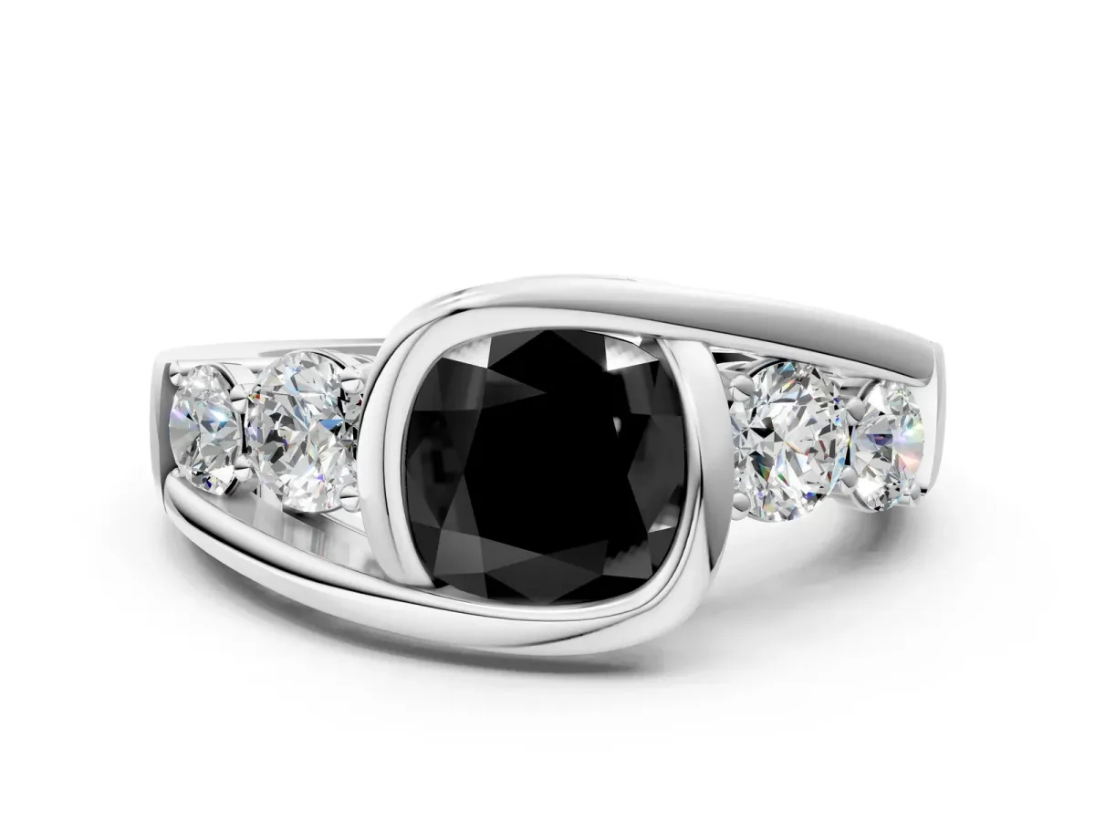 Fancy Black Bezel Set Cushion Cut Diamond Bypass Ring with Round Accents Platinum