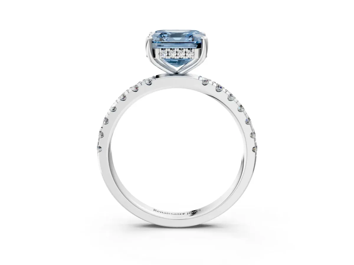 Fancy Blue Asscher Cut Diamond Pave Band Solitaire Ring with Round and Prong Setting Platinum
