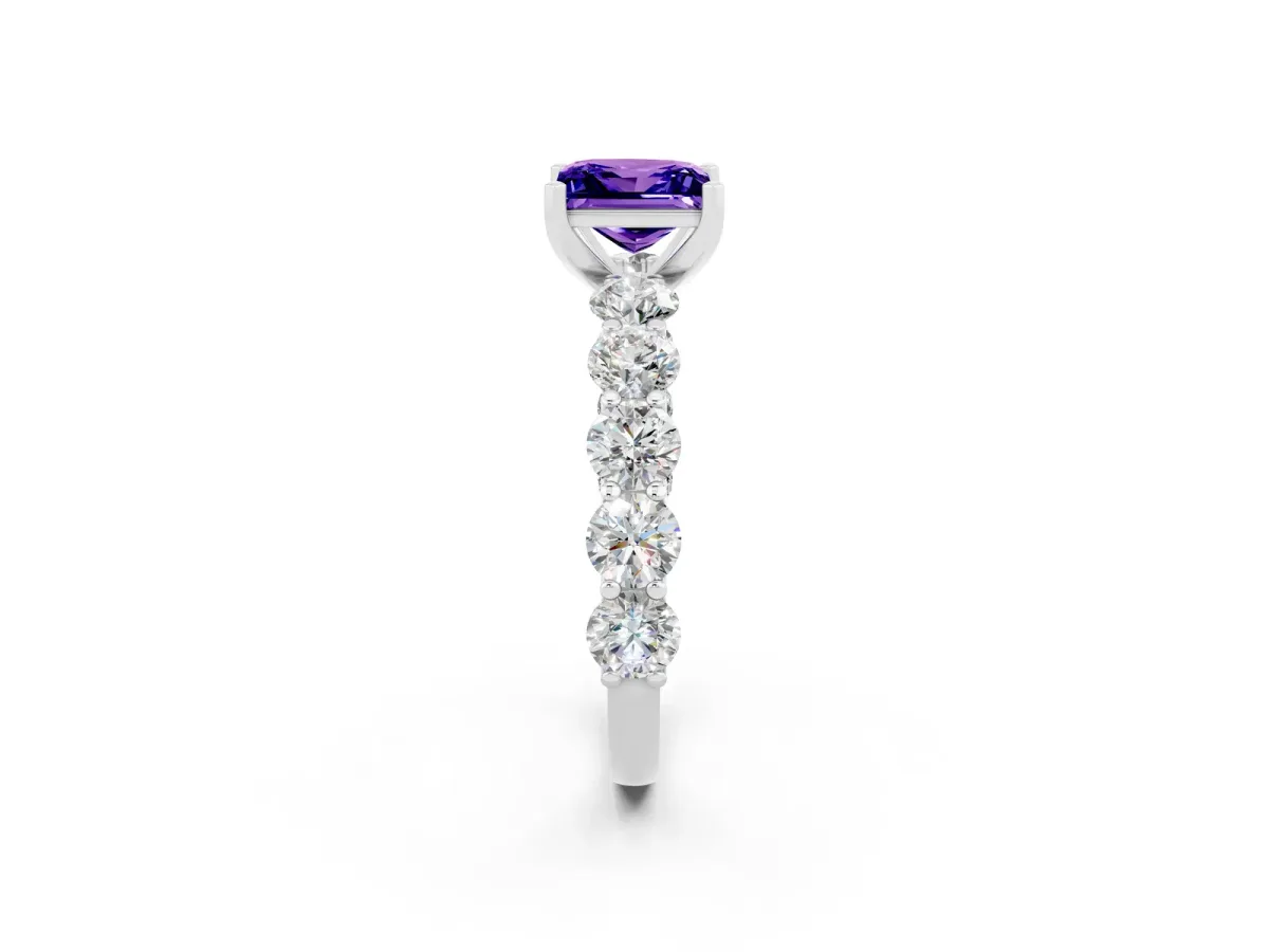 Princess Cut Tanzanite Prong Setting with Side Stones on a Pave Band Silver