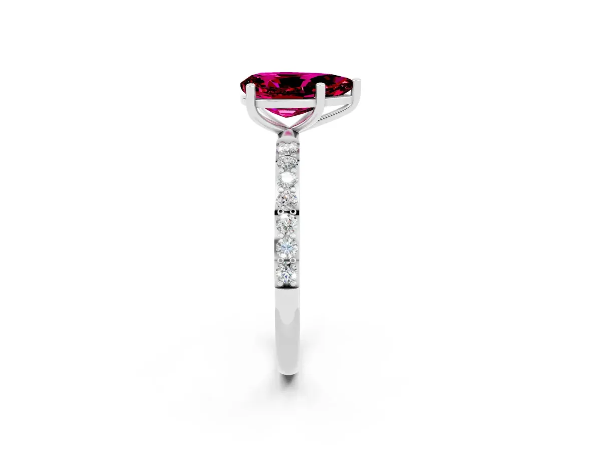 Pear Cut Garnet Solitaire Ring with Round Pavé Band and Prong Setting Platinum