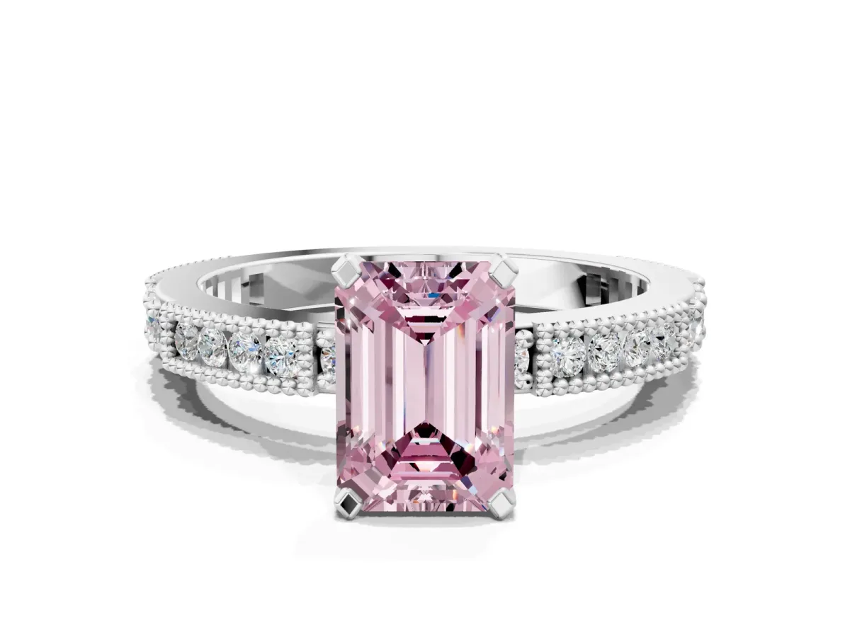Fancy Pink Emerald Cut Solitaire with Pavé Band and Four-Prong Setting Silver